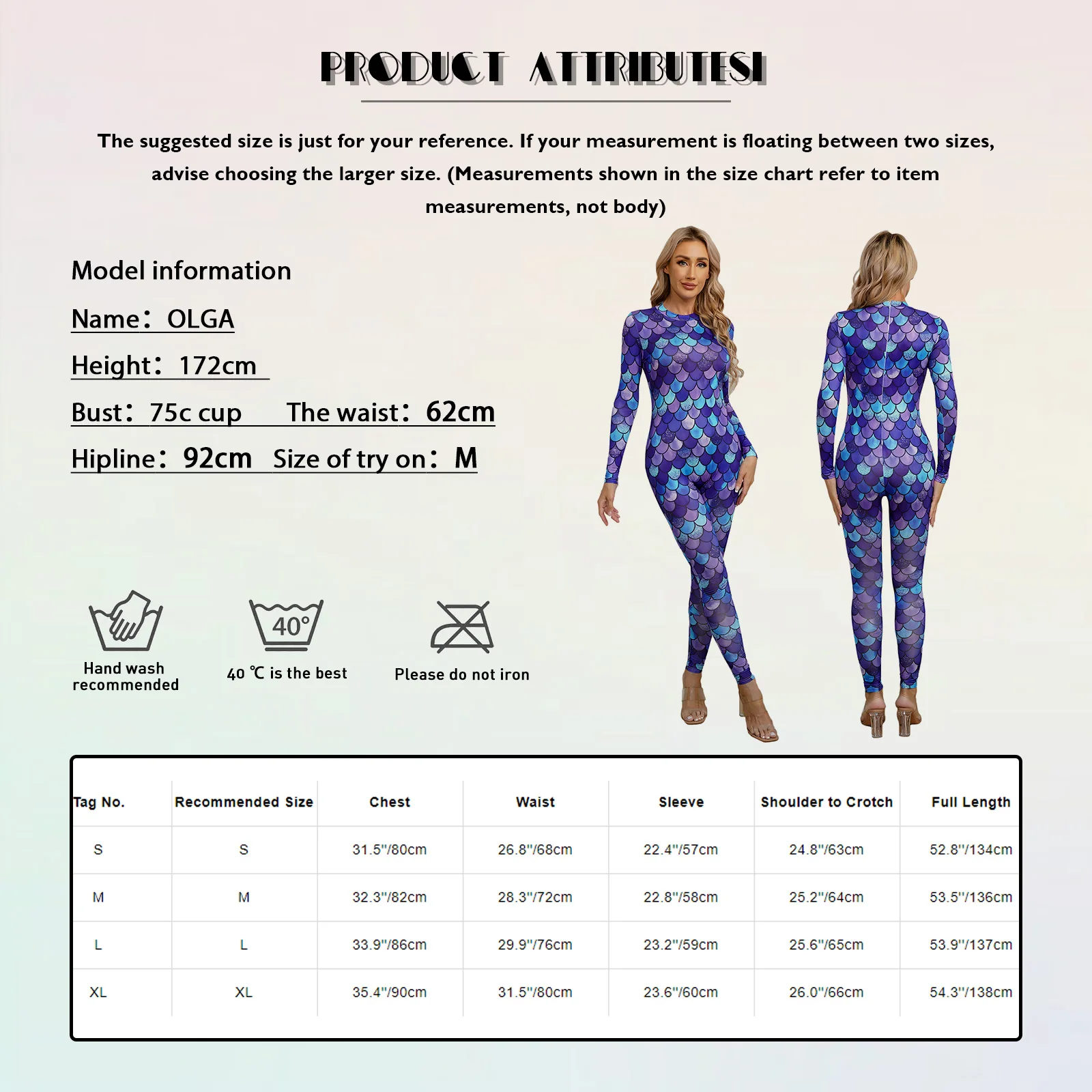 Damen Meerjungfrau Kostüm Fischs chuppen Print Overall einteilig Langarm Cat suits zurück Reiß verschluss Ganzkörper Stretch Bodysuit Badeanzug