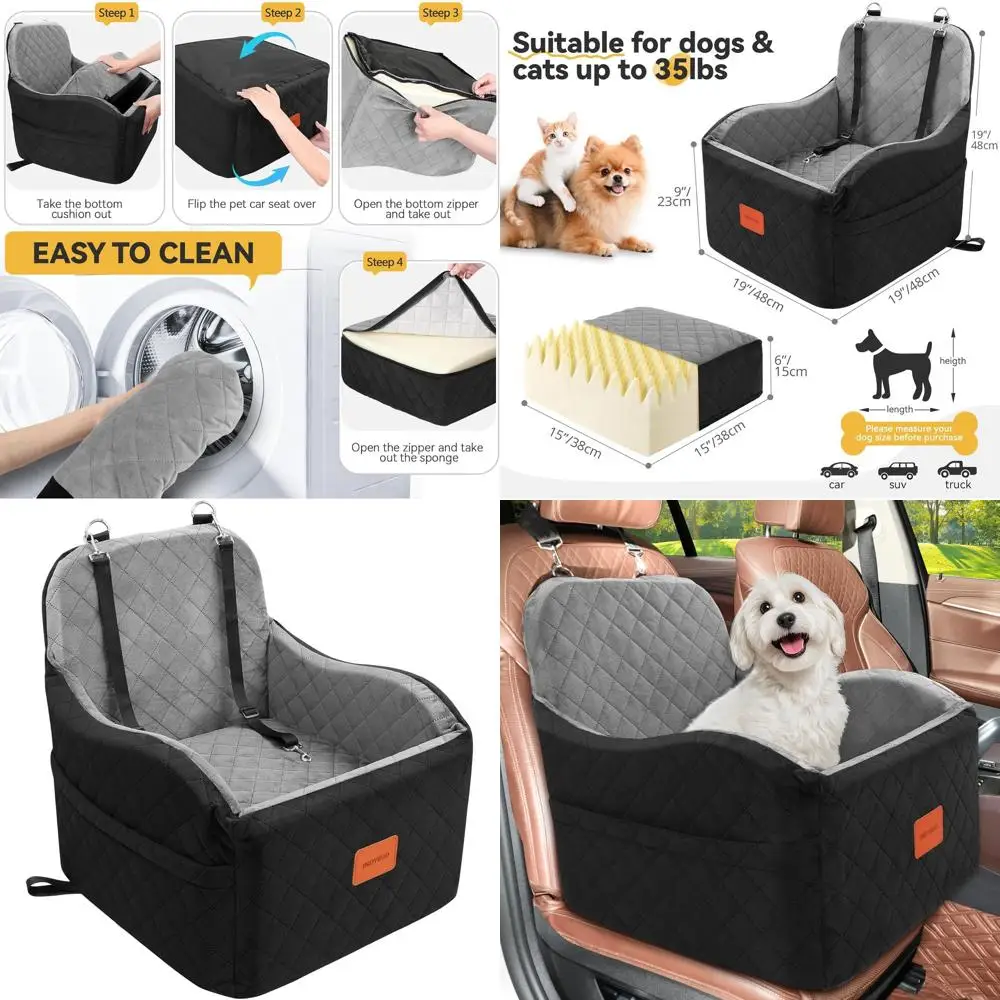 

Pet Booster Seat for Small to Medium Dogs, Washable & Detachable, with Storage Pockets, 35lbs Capacity, Black/Grey, Medium Size