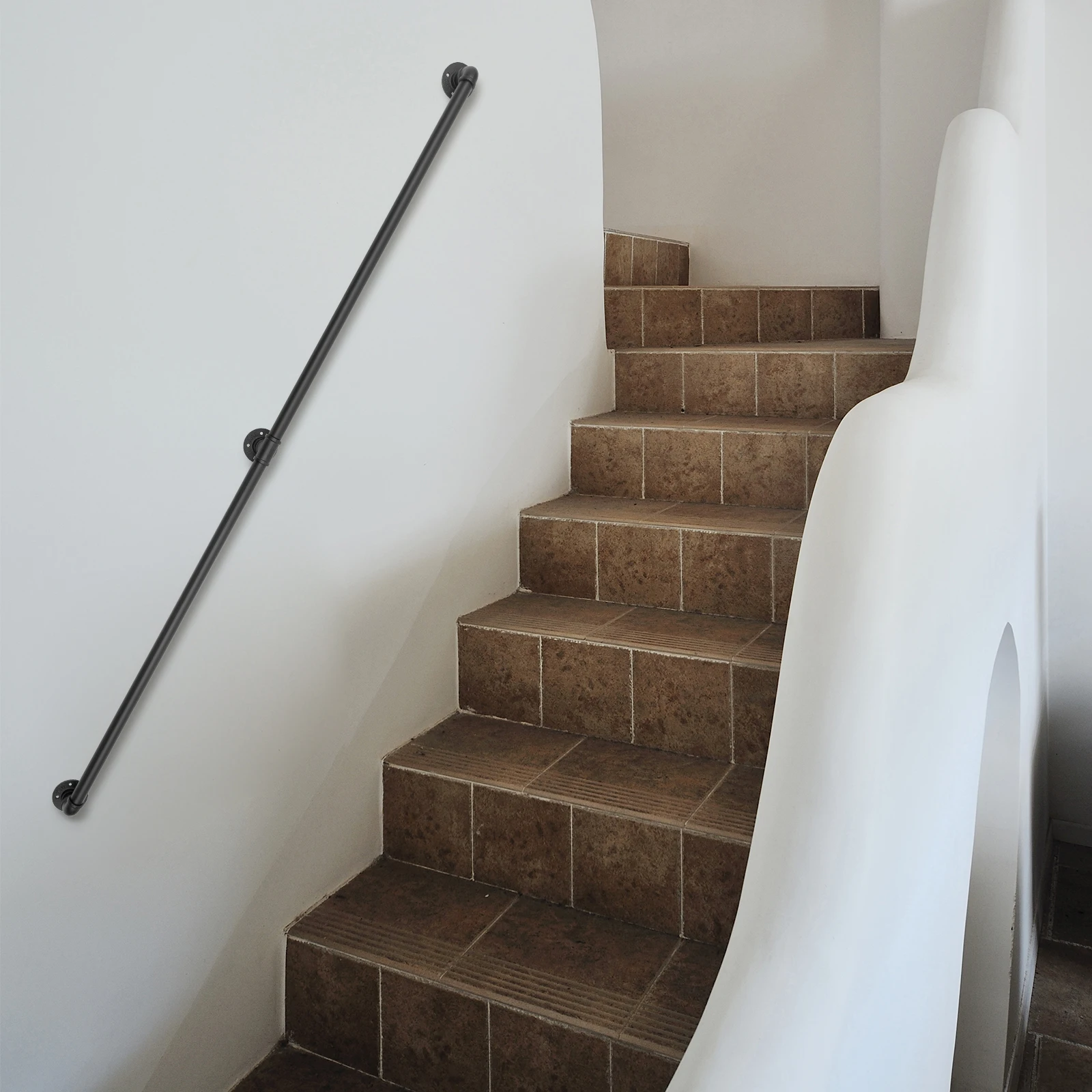 6.6 FT Pipe Stair Handrail Staircase Handrail Galvanized Iron Pipes for Wall Mount, Metal Sturdy Load-Bearing Capacity Handrail