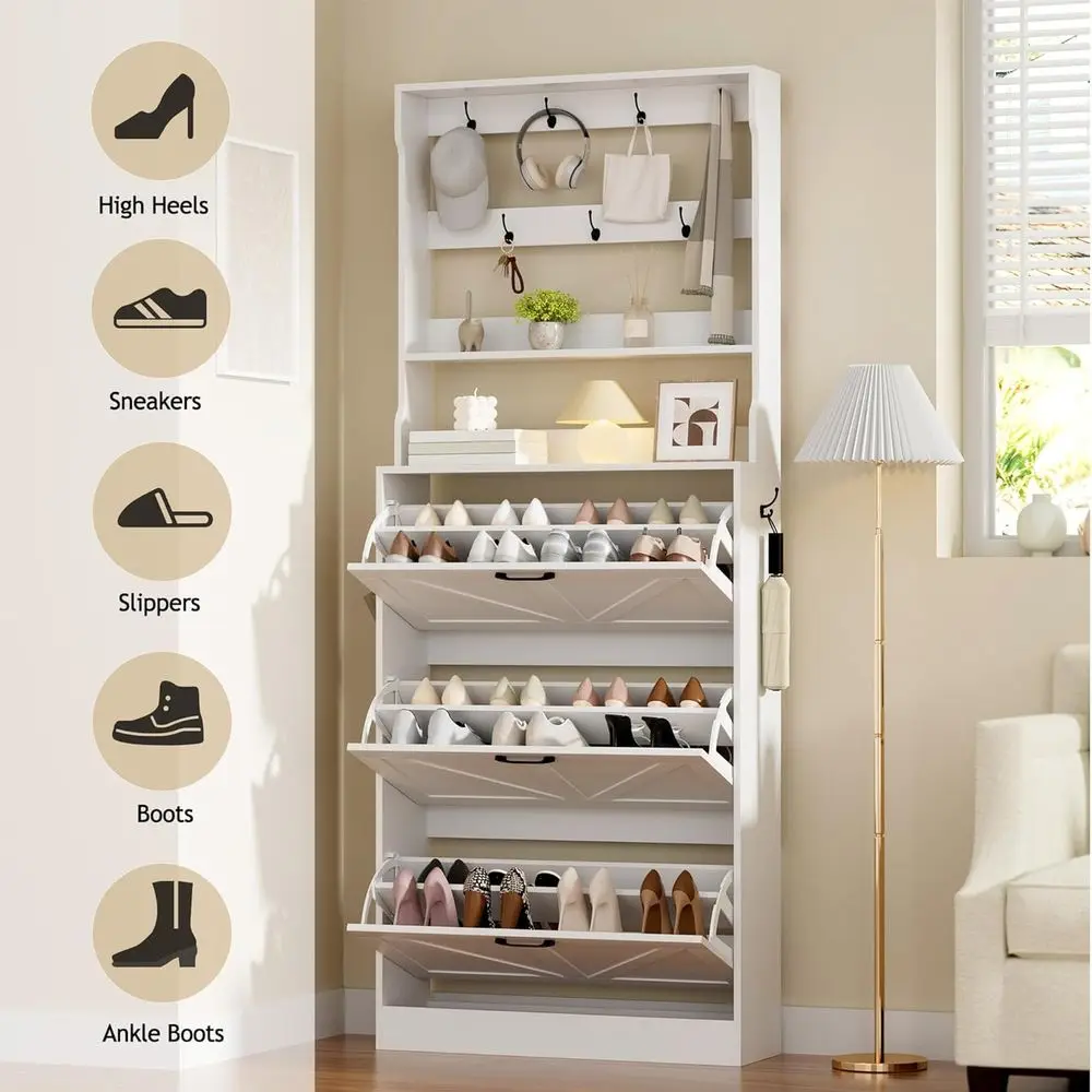 Armário de armazenamento de sapatos que economiza espaço com cabide e 3 prateleiras, branco