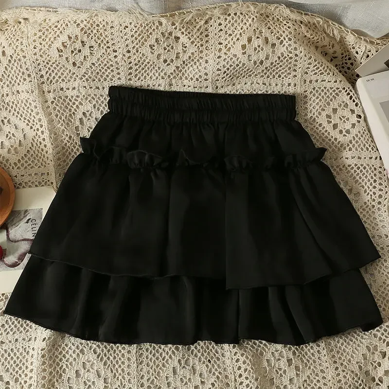 Women Skirts Sweet Ball Gown Y2k Summer Kawaii Holiday Solid Ruffles Chic Design Korean Elastic Waist Fashion Mini Faldas Mujer