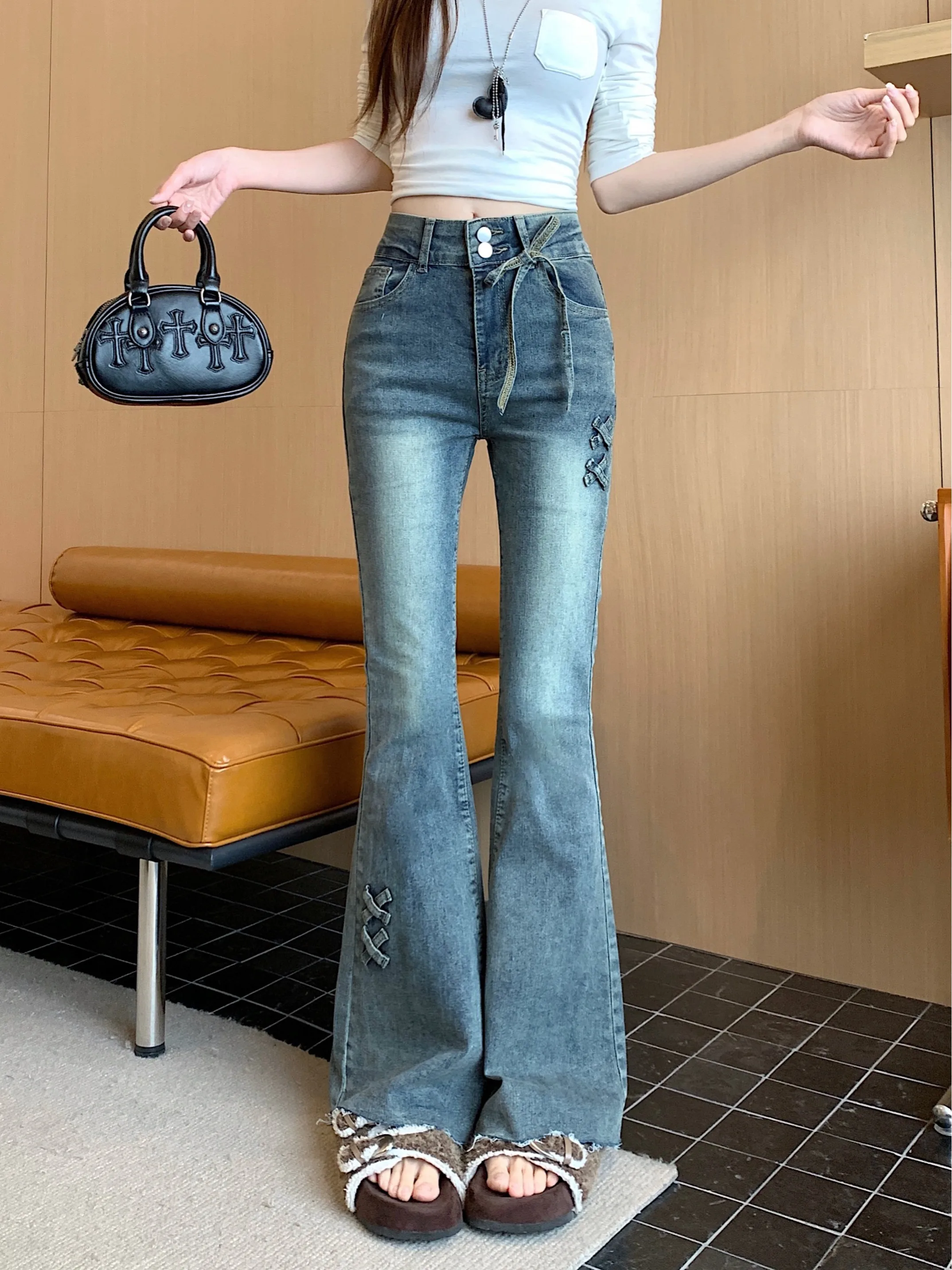 

Ретро-джинсы американского стиля с низкой посадкой, утягивающие, длинные, женские, модные, весенние, джинсовые брюки-чокеры, микро-клеш