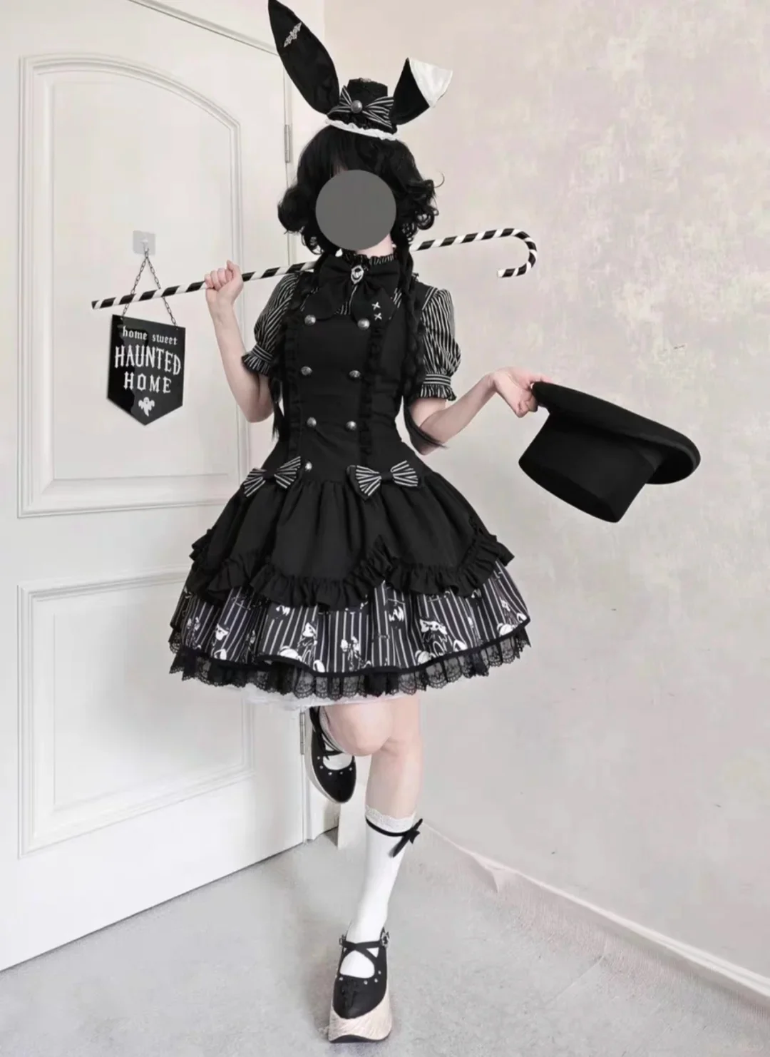 2026 Gothic Striped Lolita Dress Set Women Puff Sleeve Stripe Blouse+Chic Suspender Dress Female Dark Lace Princess Retro Outfit image 2
