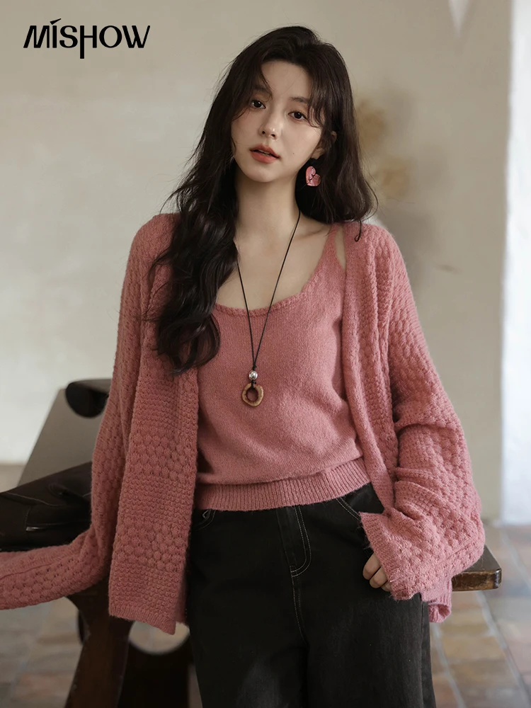 MISHOW femmes rose tricot deux pièces ensemble 2025 automne doux manches longues Cardigan avec gilet décontracté femmes vêtements ensemble MXE44T0737