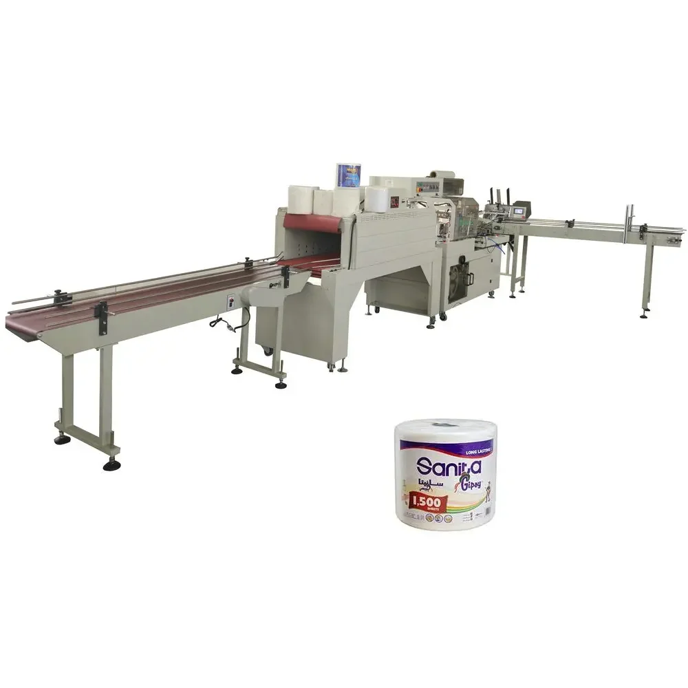 Automatic labelling maxi roll paper heat shrink packing wrapping machine