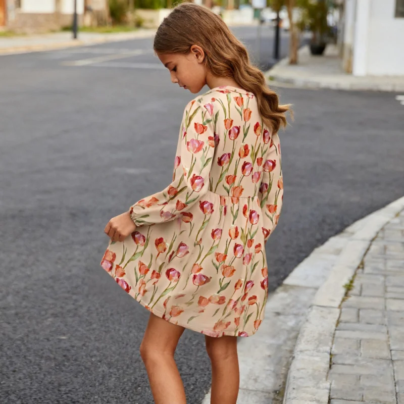 2025 Girls' Warm-colored Tulip Cute Temperament Casual Dress