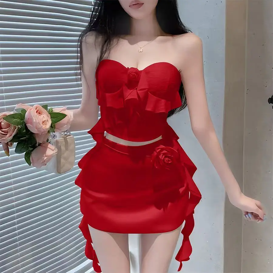 American Style Red Flower Trim Crop Top Women's Slim Fit Tube Vest Sleeveless Backless Summer Fashion Floral Print Halter Neck