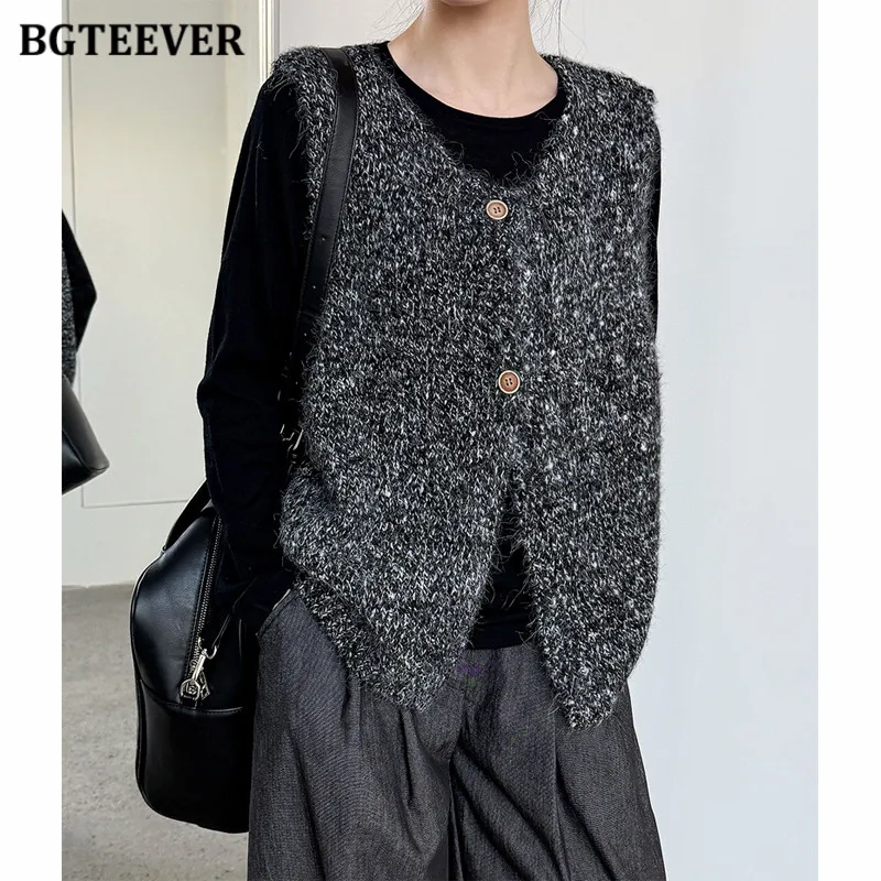 BGTEEVER Casual Loose O-neck Sweaters Vests for Women Stylish Single-breasted Knitted Cardigans Autumn Winter