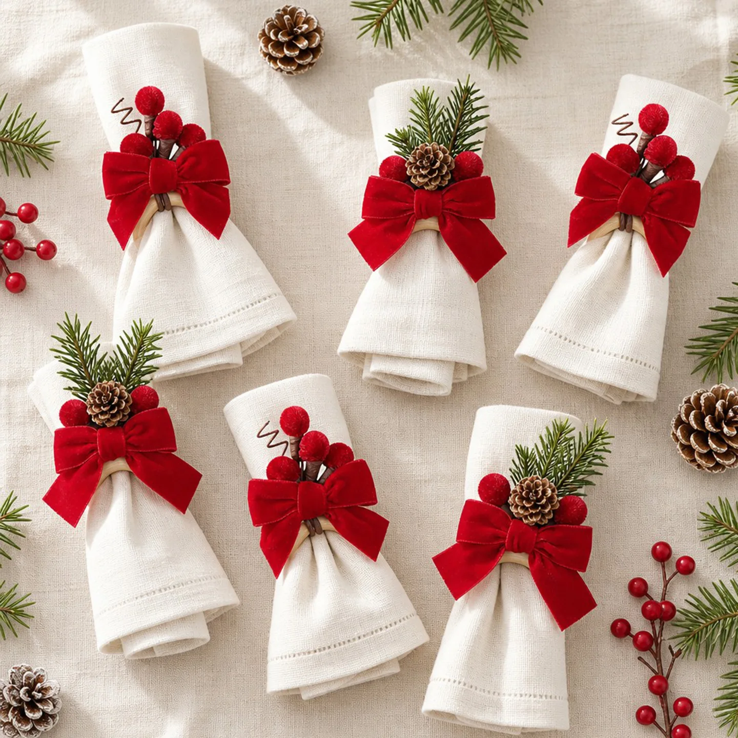 Christmas Bow Napkin Ring Chic Velvet Bow Berry Pine Napkin Buckles for Wedding Christmas Dinner Party Table Decoration