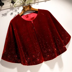 Women's Autumn Winter Diamonds Beaded Wine Red Velvet Pashmina Female Winter Warm Shawl Cloak Velvet Collar R1642