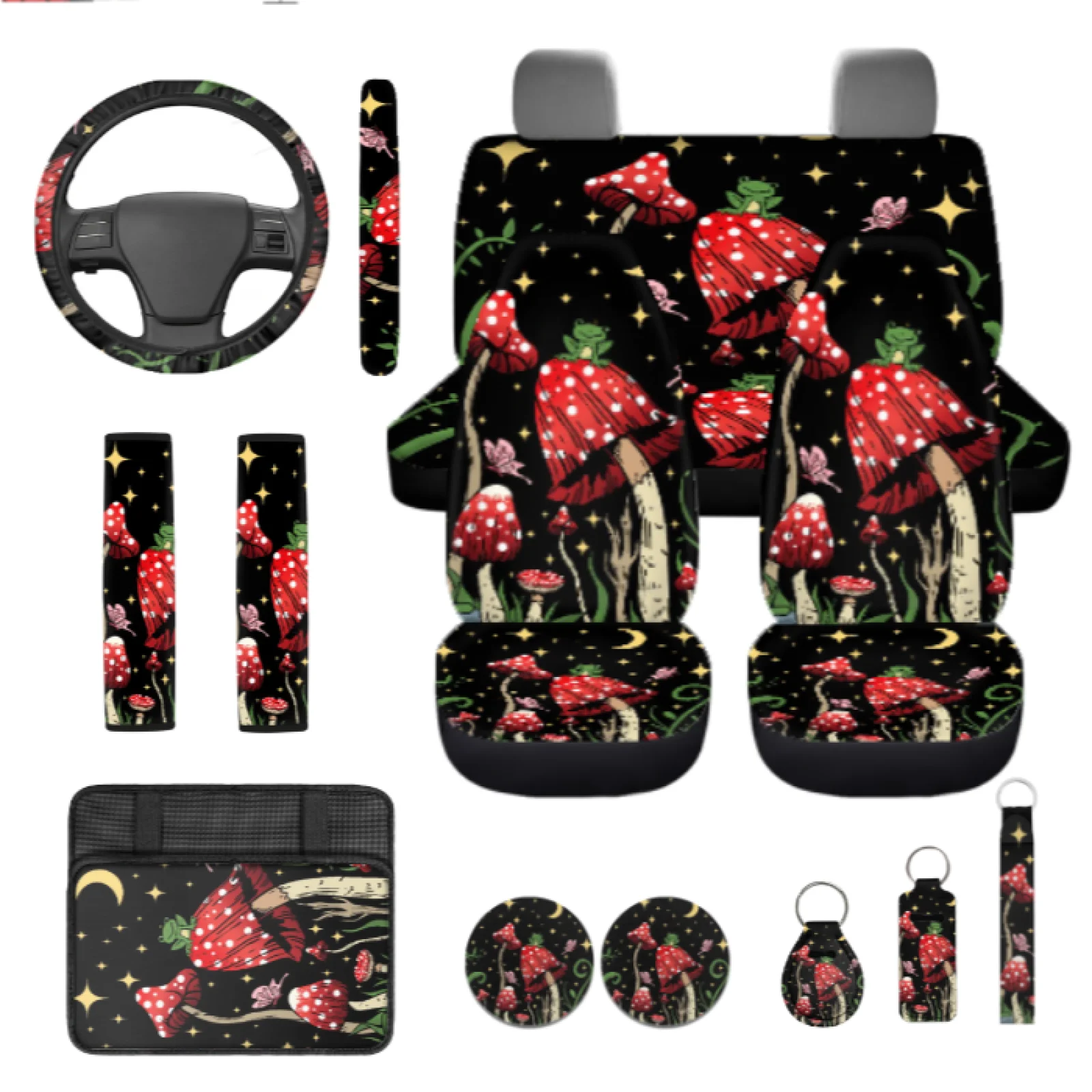 Coloranimal Mushrooms 13 PCS Car Seat Cover Set with Breathable Lip Balm Pouch and Seat Belt Pads for Vehicles