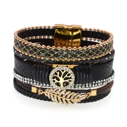 WELLMORE Micro inlaid rhinestone tree decorate leather bracelets for women Casual holiday wear cuff bracelet