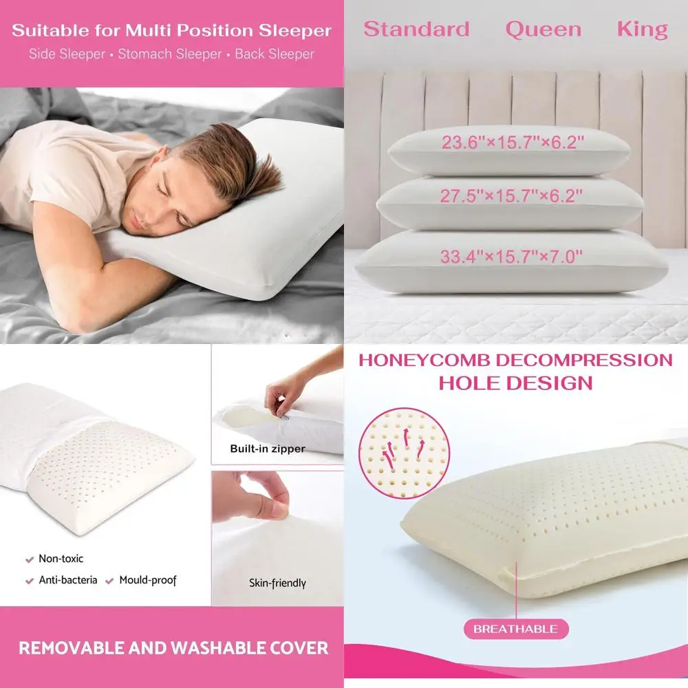 

Queen Size Talalay Latex Pillow - Ultra Soft for Back, Stomach & Side Sleepers with Removable Cotton Cover