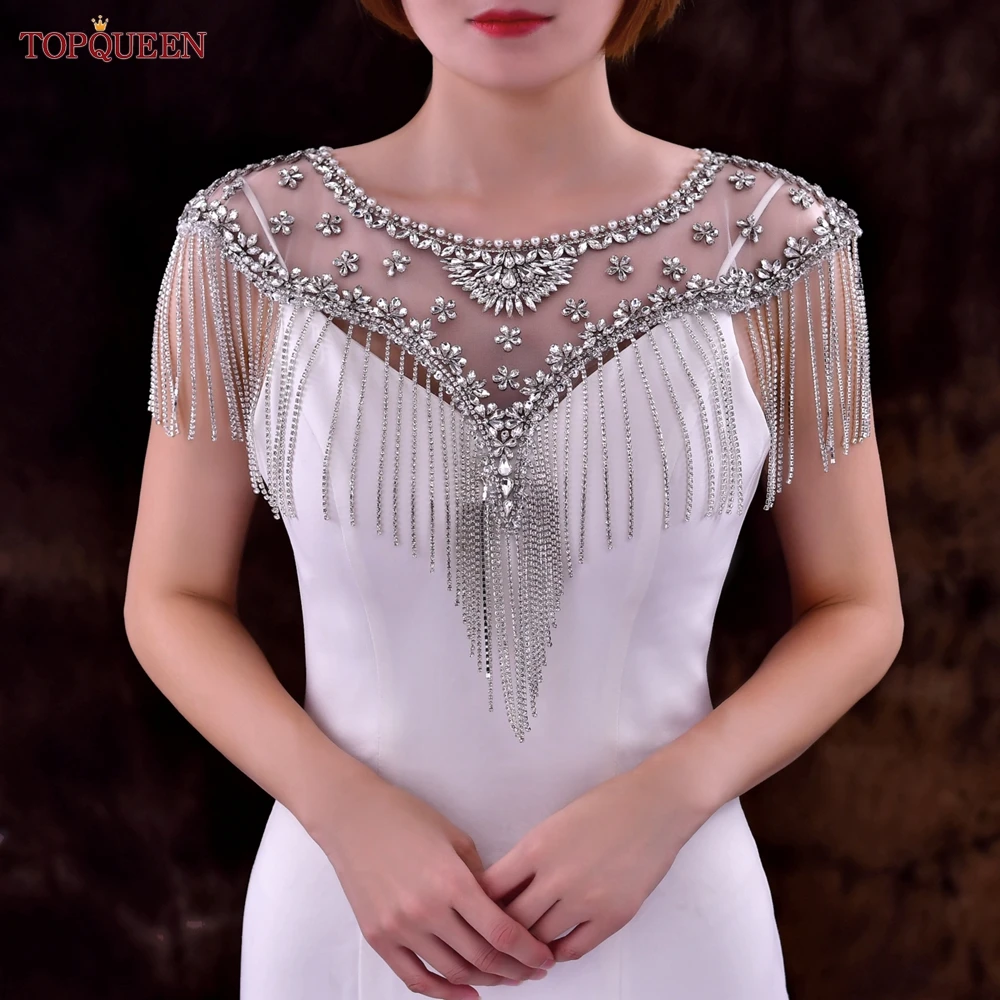 TOPQUEEN Bridal Shoulder Chain Luxury Wedding Jewelry Rhinestone Tassel Necklace Ladies Shoulder Chain Wedding Shawl Cape SG33