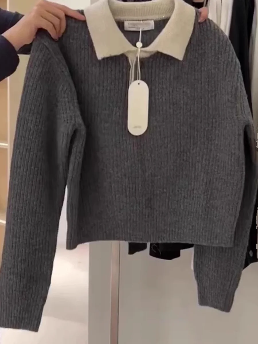 

Collar Short Grey Knitwear for Women Autumn Winter Fashionable Korean Style Long Sleeve Single Button Closure Commute