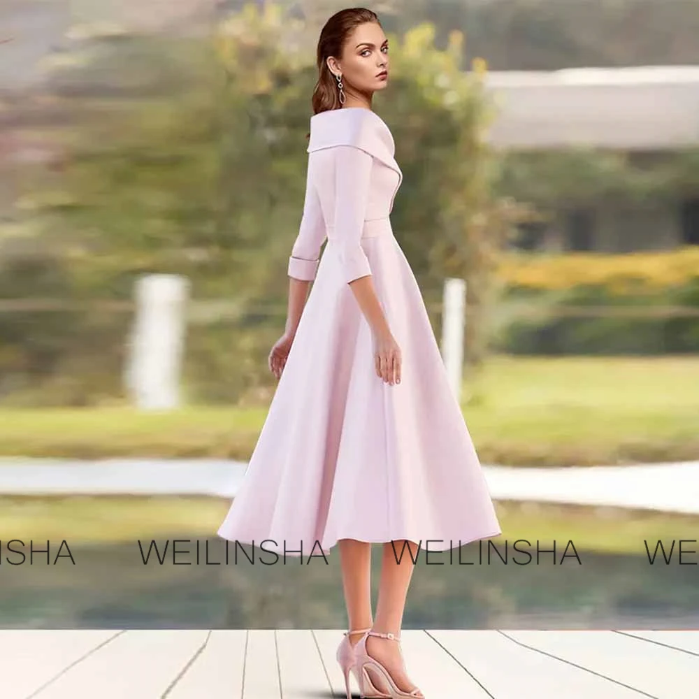 클래스 웨딩 엄마 드레스 새틴 A라인 칵테일 파티 드레스 라벤더 V넥 포켓 주름 크리스크로스 프롬 드레스 미디 2025