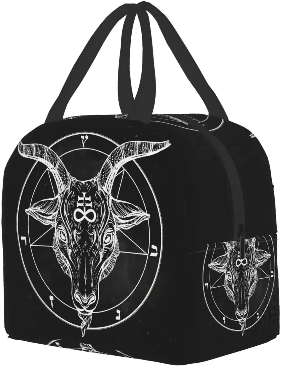 Cover Pentagram with Demon Baphomet Goat Head Binary Symbol Portable Insulated Lunch Bag Lunch Box for Women Men Boy