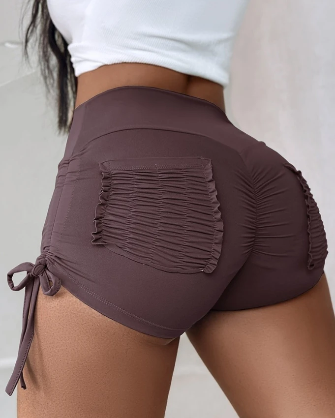 Calça Desportiva Monocromática Feminina, Cordão Ruched, Cintura Alta, Magra, Diário, Calções Versáteis Ativos, Últimas, Primavera, Verão, 2022