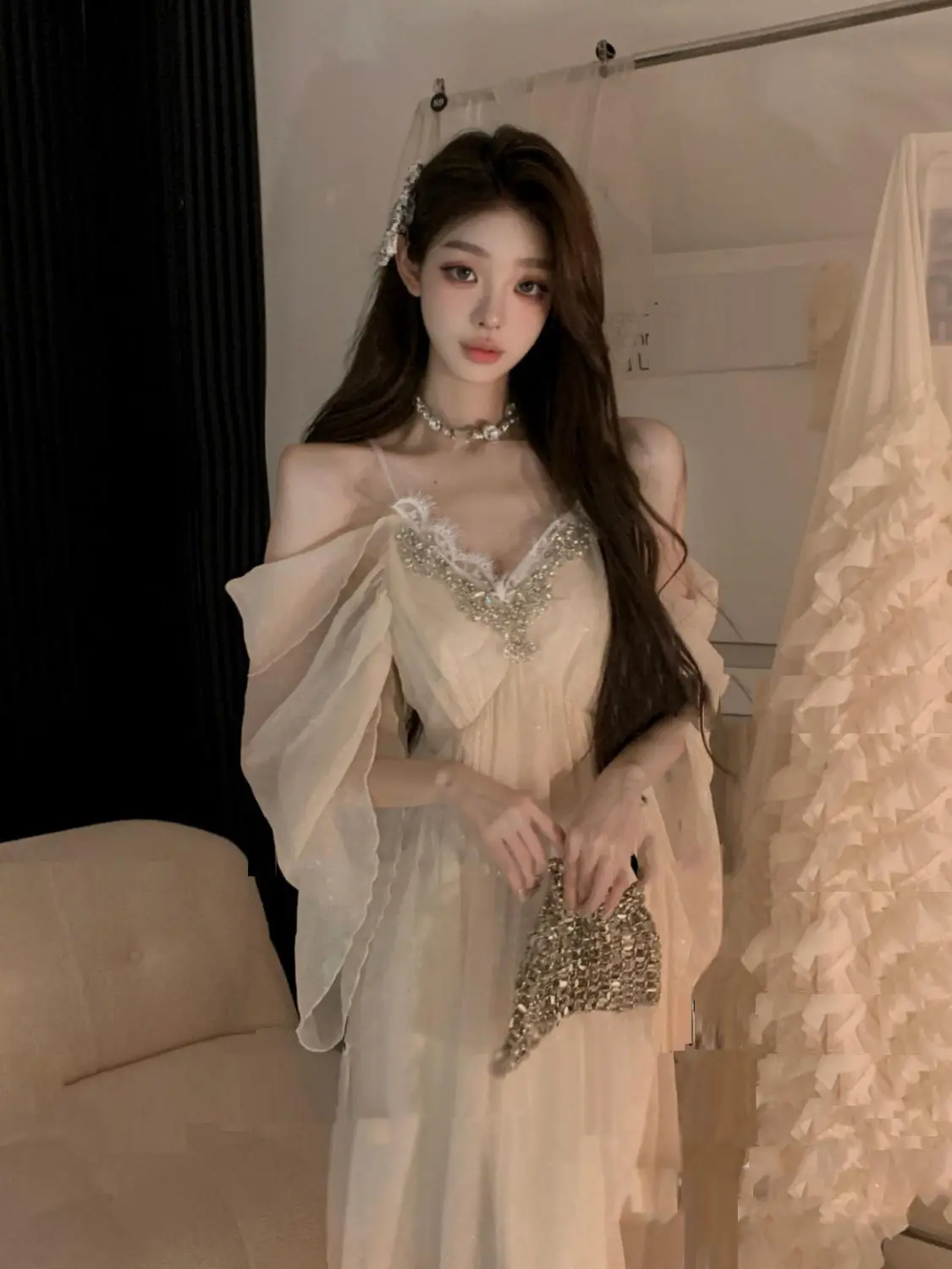 Japan High-End Dress Chiffon A-Line Bespoke Occasion Gown Decorate Dresses / It Is Recommended To Wear White Underwear To Match