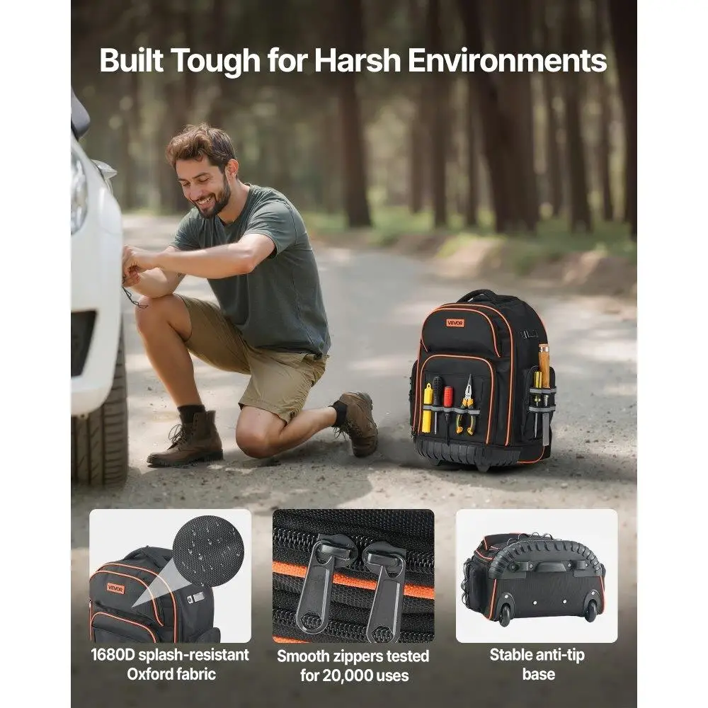 Heavy Duty Rolling Tool Backpack 45 Pocket Tool Bag on Wheels Portable Tool Organizer