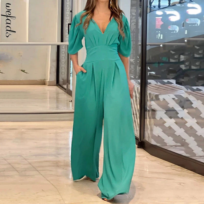 Wefads Women Jumpsuit Summer Casual Puff Short Sleeve V Neck Backless Lace Up Waist Wide Legs Pants Romper High Streetwear