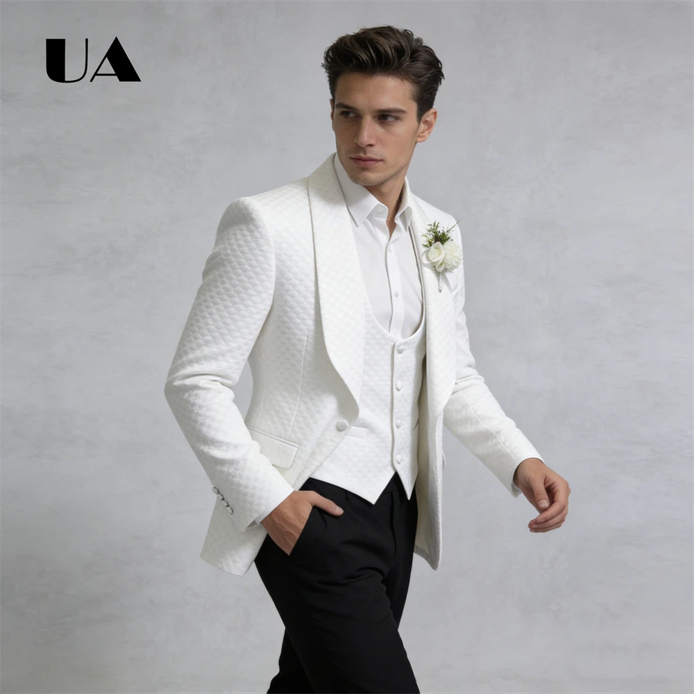 3-Piece Set Textured Fabric Formal Wedding Groom Best Man Prom Party Elegant Luxury Suit Men White Shawl Lapel Tuxedo