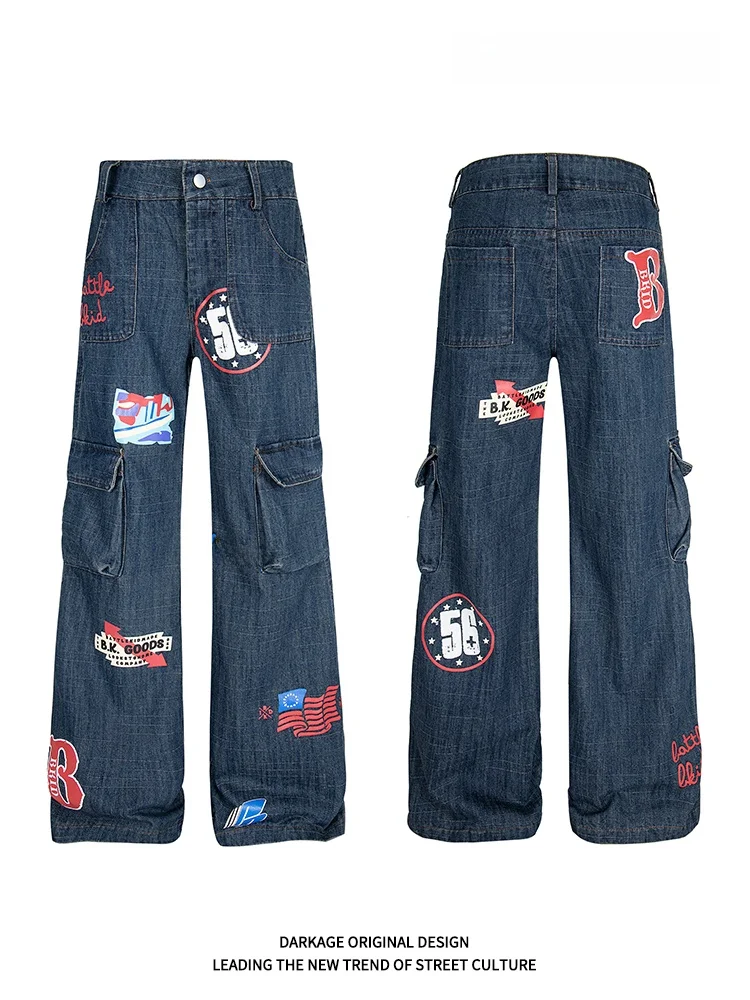 kage American Retro Print Straight Leg Workwear Jeans Women's High Waist Loose Slimming Wide Leg Spring New Sle