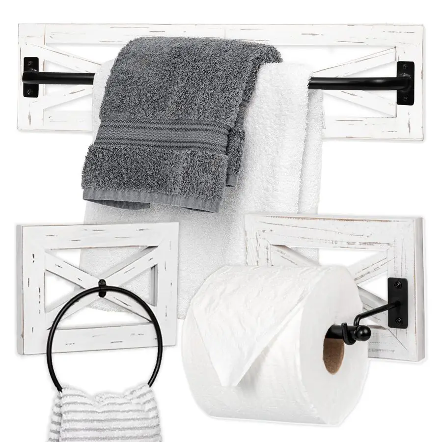 Rustic Towel Bar Toilet Paper Holder Set with Towel Ring for Bathroom Wall Mounted Racks White Wood amp Black Metal Bar, Farmhou