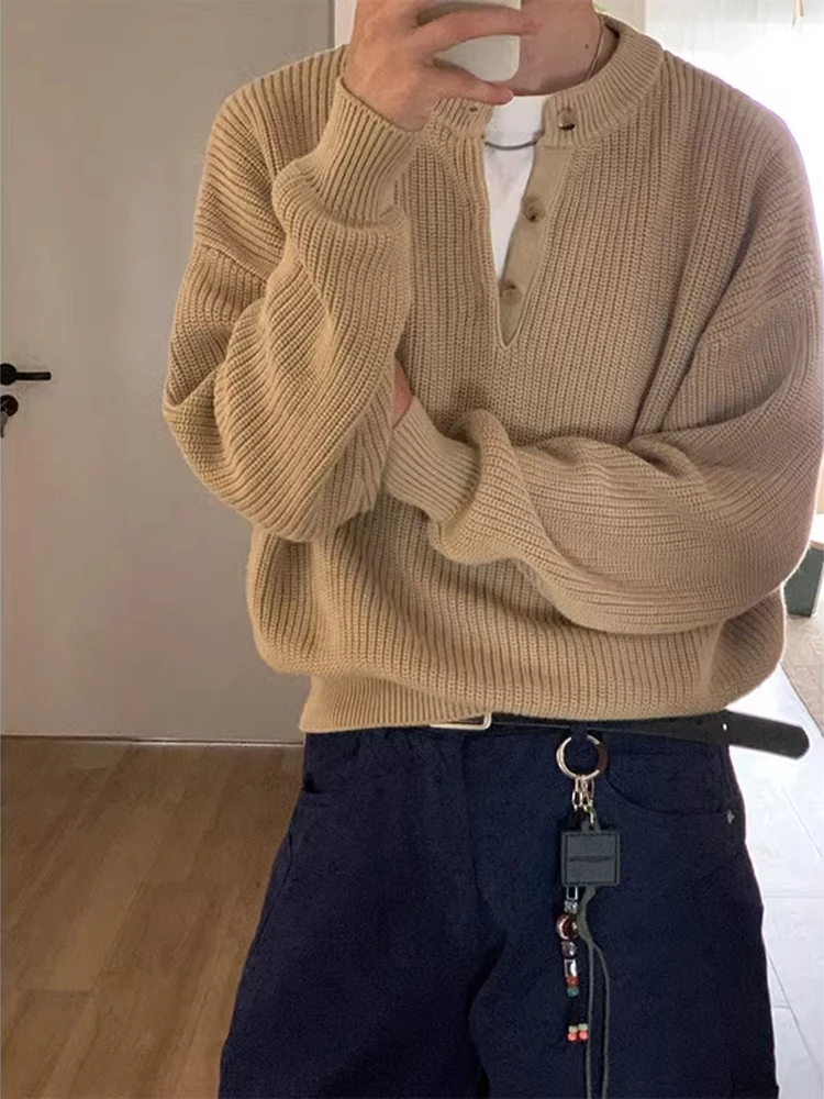 

Lazy Base Layer Men's Knitted Sweater Henry Collar Sle Autumn Winter American Retro Cleanfit Comfortable Soft Polyester