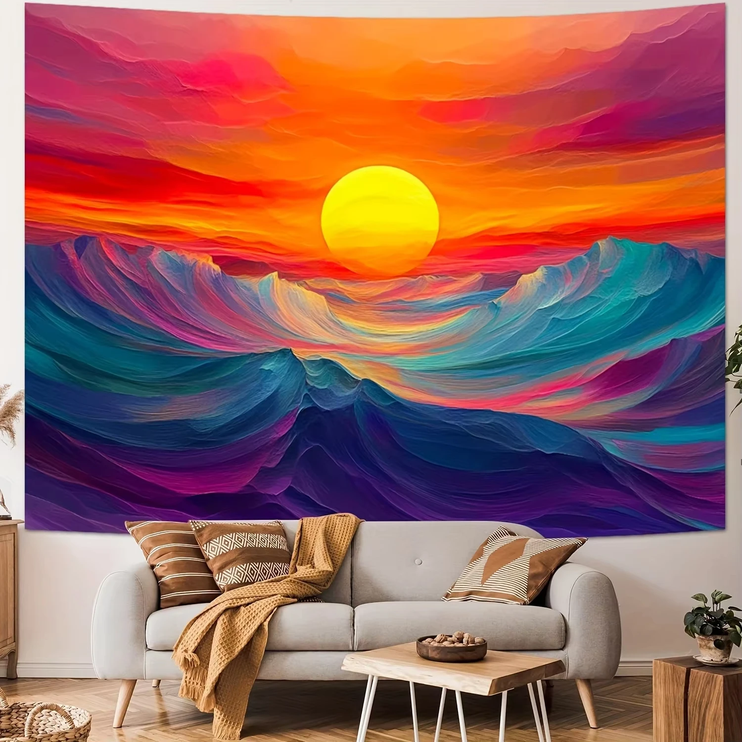 VIKAMA Wandteppich mit Meer, Sonnenuntergang, Wellenstruktur, Wohnzimmer, Schlafzimmer, Meerblick, dekorative Heilung, Atmosphäre, Wanddekoration