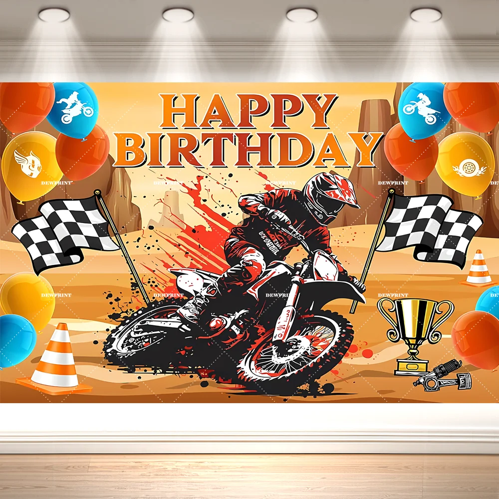 Dewprint Dirt Bike Motocross Birthday Backdrop Checkered Flag Trophy Racing Themed Boys Birthday Party Banner Decor Supplies