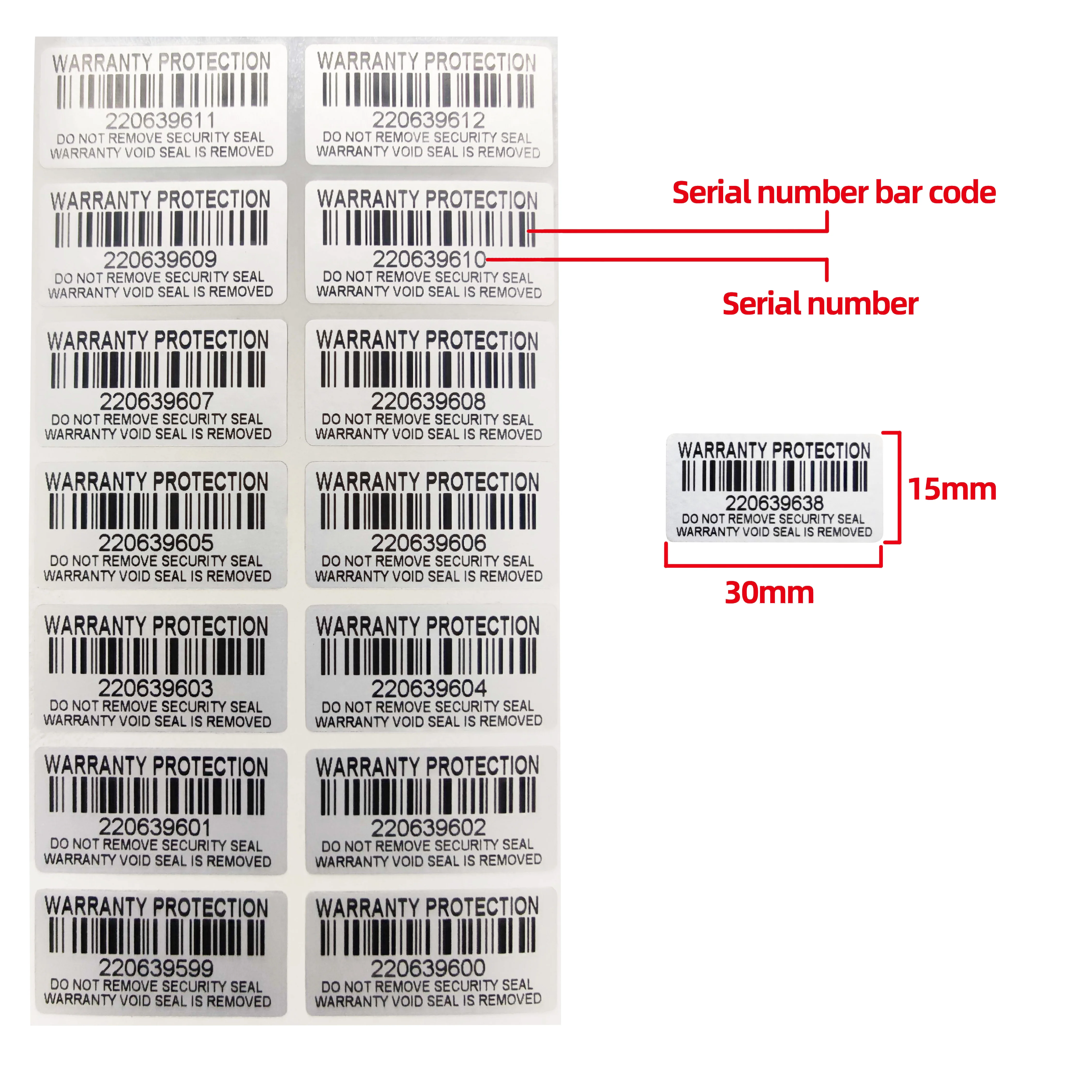 Imagem -03 - Adesivo de Proteção de Garantia de Prata 30 mm x 15 mm Selo Seguro Anti-violação Garantia Inválida Etiqueta de Número de Série Adesivo 100 Peças