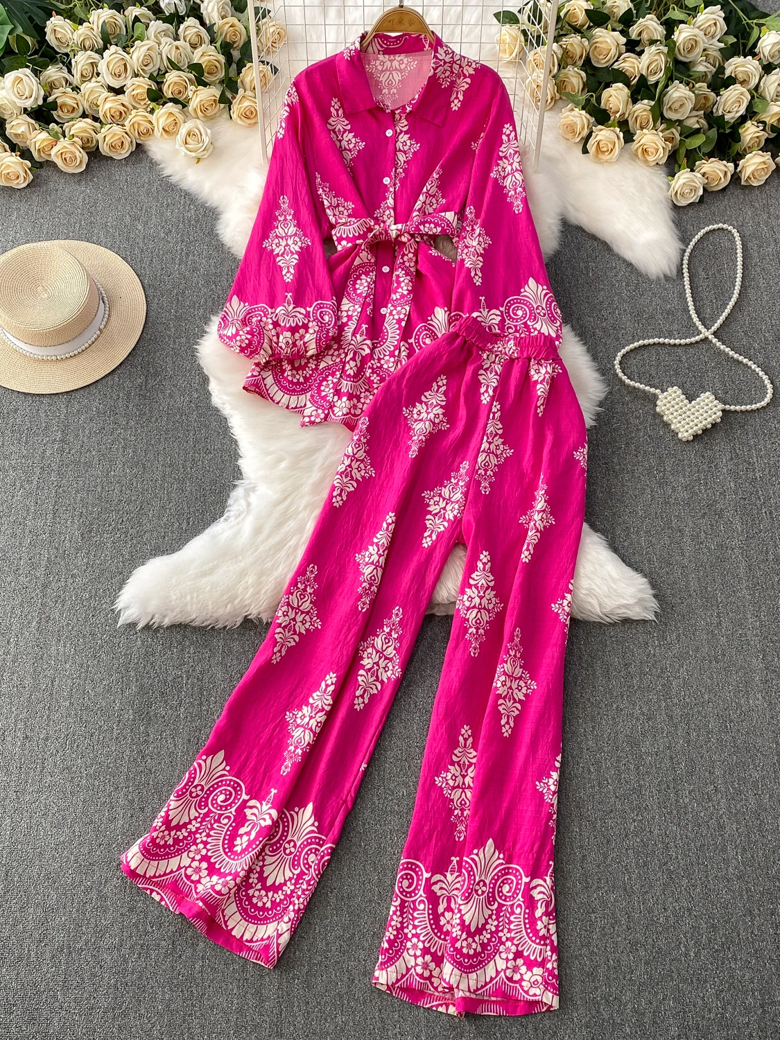 

Брючный костюм с цветочным принтом, комплект из двух предметов, женская одежда, блузки с рукавами-фонариками, модные Hotsweet, прямые широкие брюки с высокой талией, верхняя одежда