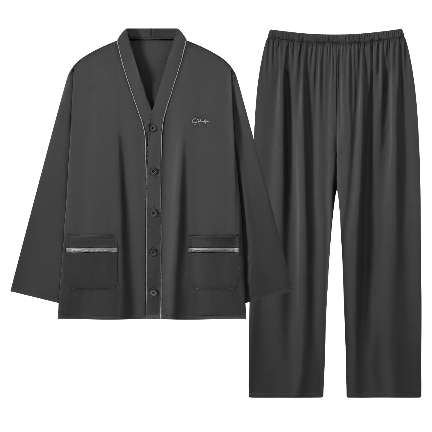 Spring Men Luxury Satin Silk Pajama Set V-Neck Cardigan Kimono Sleepwear Long Sleeve Pyjamas Male Soft Home Nightwear Loungewear