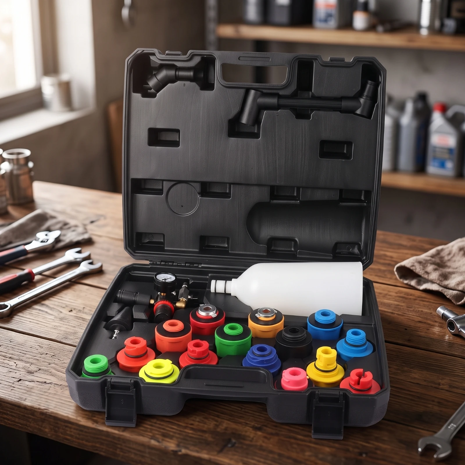 20 Pieces Oil Filling Funnel Kit with Case Color-Coded Engine Oil Funnel with Adapters Tool Translucent Portable for Mechanics