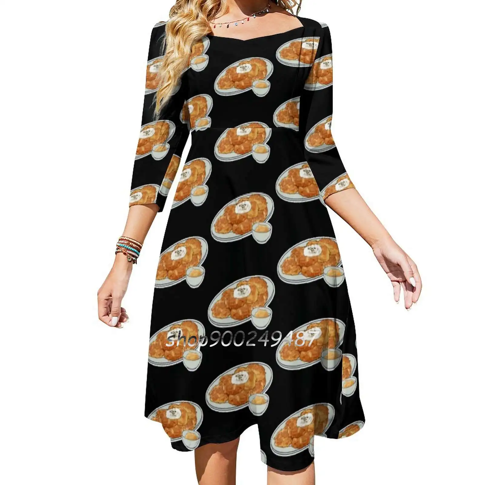 Latkes-Jewish Food For Hanukkah Square Neck Dress Sweet Summer Dress Women Elegant Halter Print Dress Latke Jewish Food