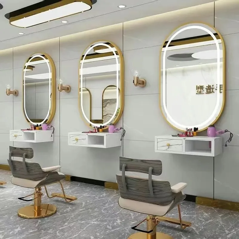 Barber shop mirror table simple haircut mirror barber shop wall-mounted mirror cabinet integrated dyeing ironing