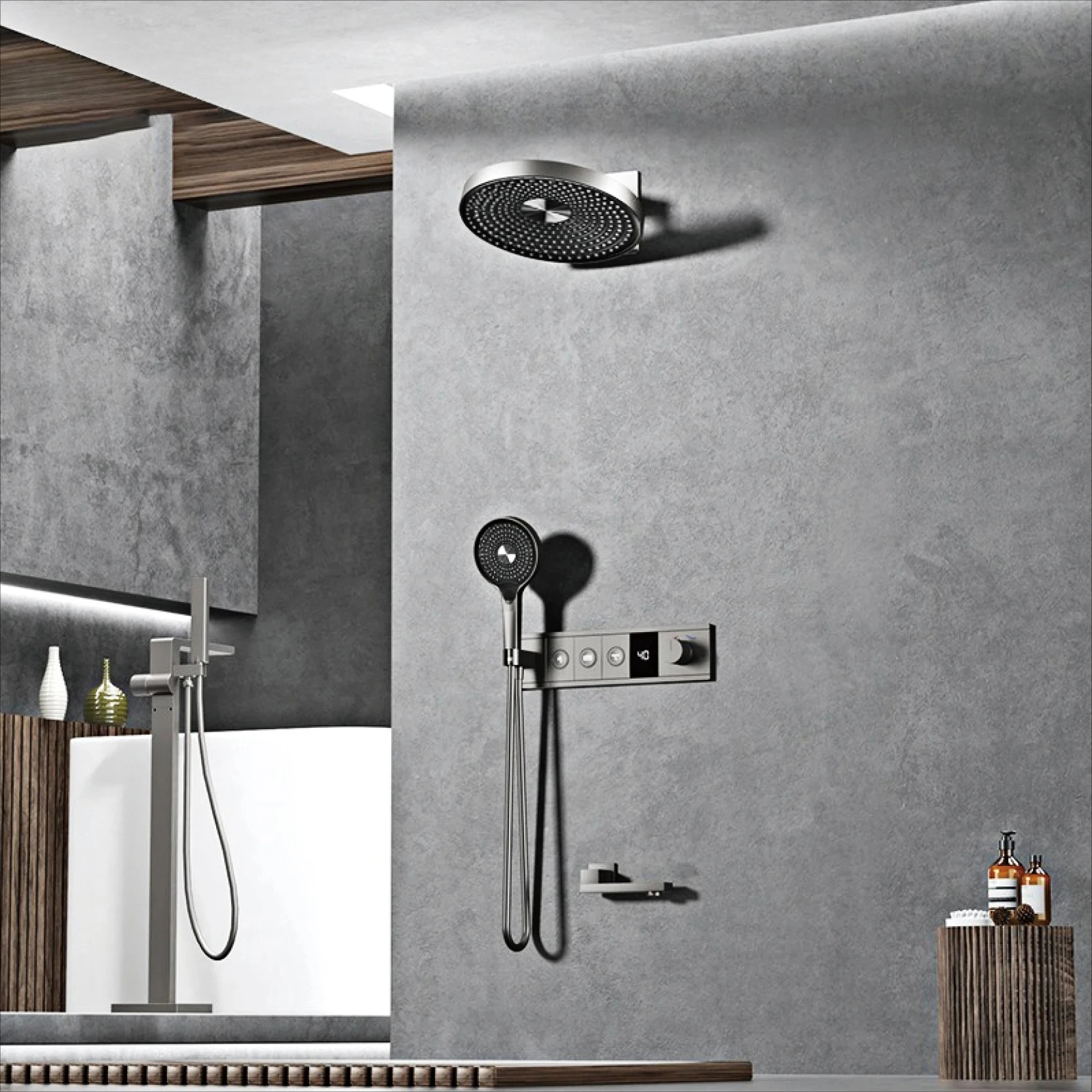 Luxury Bathroom Gunmetal Brass 3-Function LED digital Display Shower System Wall-Embedded Rainfall showerhead Bath Fixtures