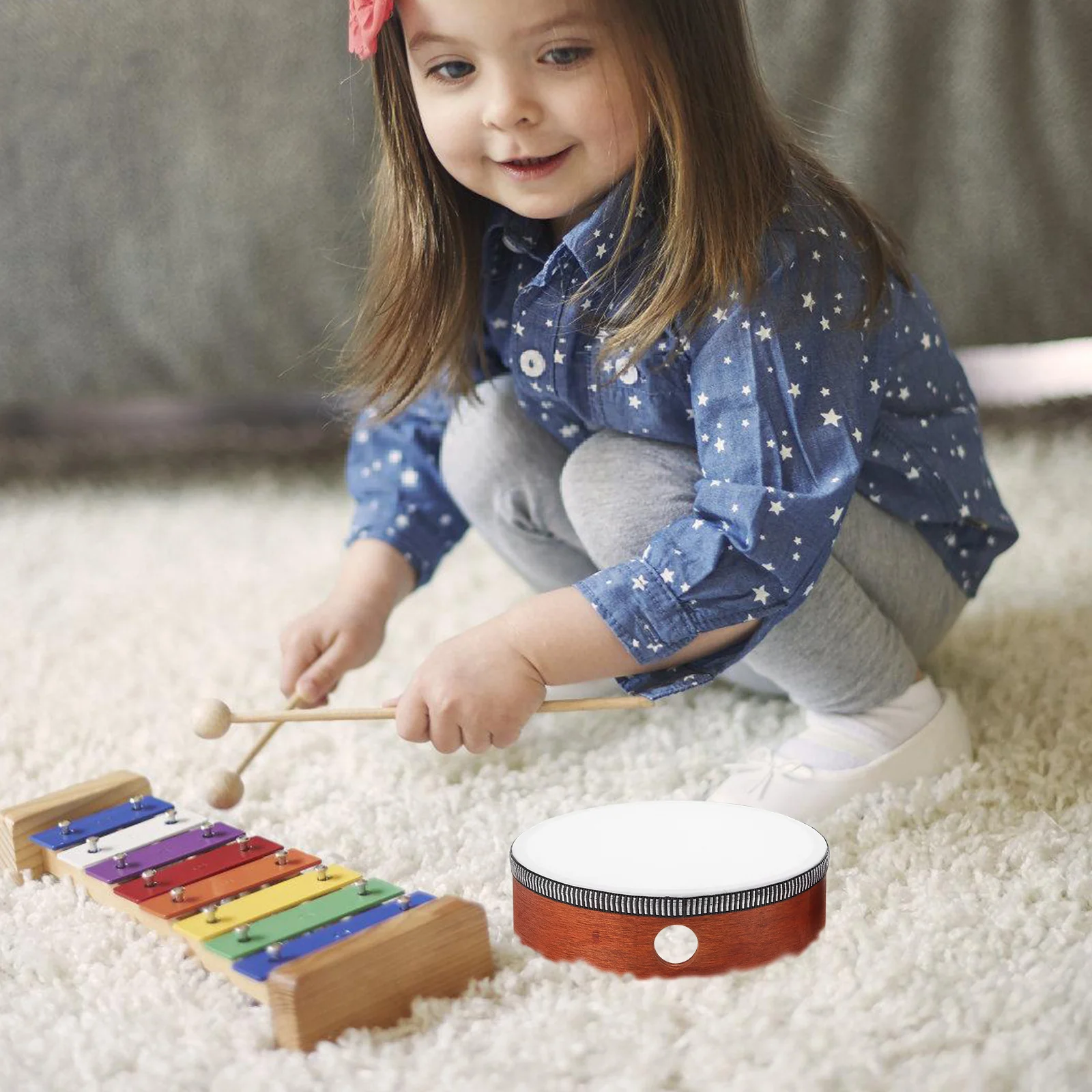 

2 Pcs Tambourine Hand Held Drum Chinese Percussion Preschool Wooden Drums for Kids Toddler