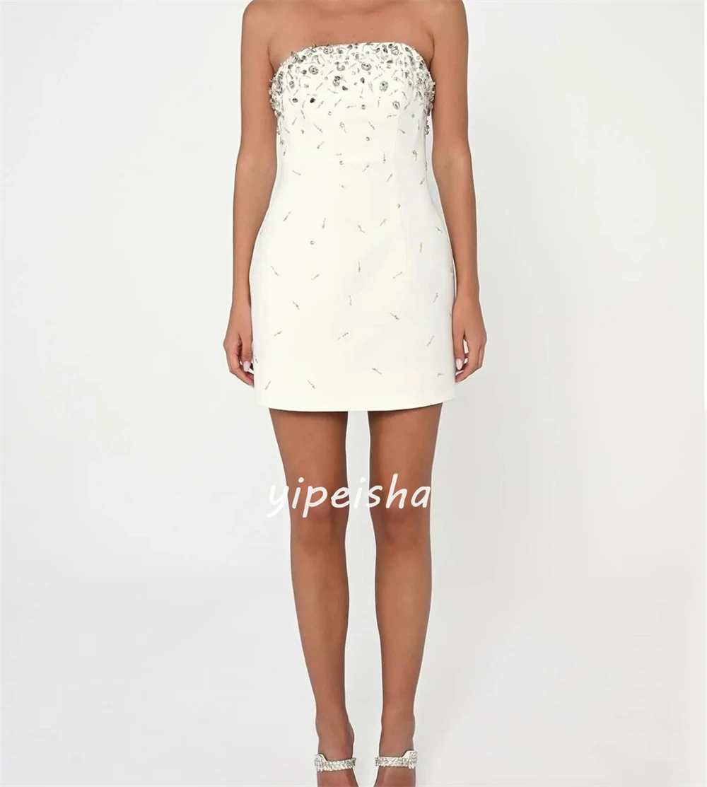 Jersey Rhinestone Beading Valentine's Day A-line Strapless Bespoke Occasion Gown Short Dresses