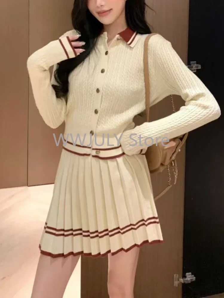 Preppy Style New Patchwork Long Sleeved Cardigan Sweater Women + Pleated Knitted A-line Mini Skirt Korean Fashion Two Piece Set