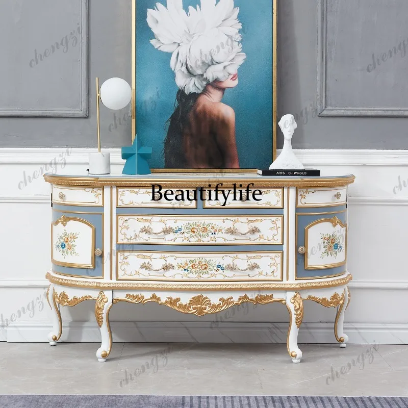 Luxury French retro entrance living room semi-round court hand-painted dining side cabinet storage chest cabinet