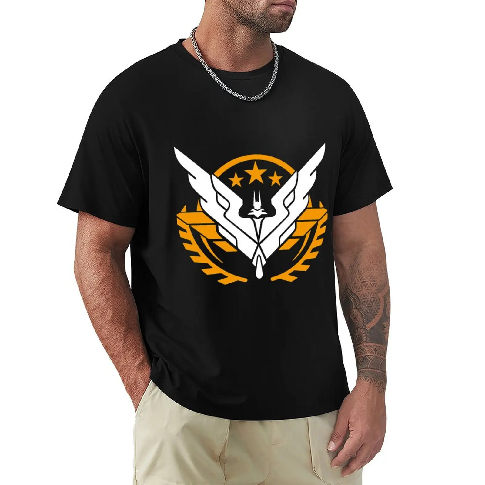 Elite: Dangerous- Triple Elite decal T-Shirt Large Size Casual Short Sleeve Top