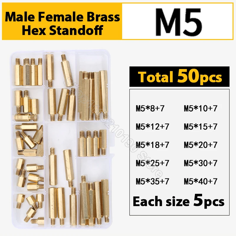 

50Pcs M5 Solid Brass Copper PCB Board Male Female Hex Hexagon Standoff Pillars Support Spacer Column Assortment Kit Set L=8-40mm