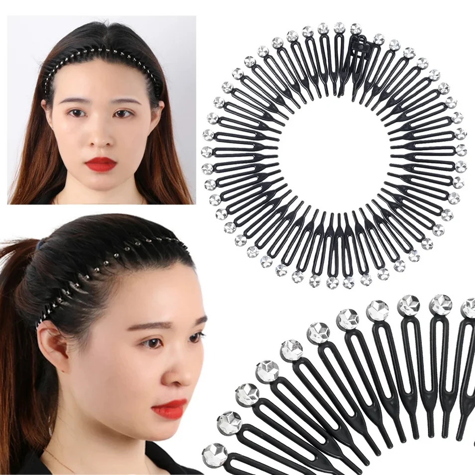 2PCS Fashion Elastic Flexible Comb Headband Light Rhinestone Round Hairband Women Fixed Hair Style Bun Headdress Accessories