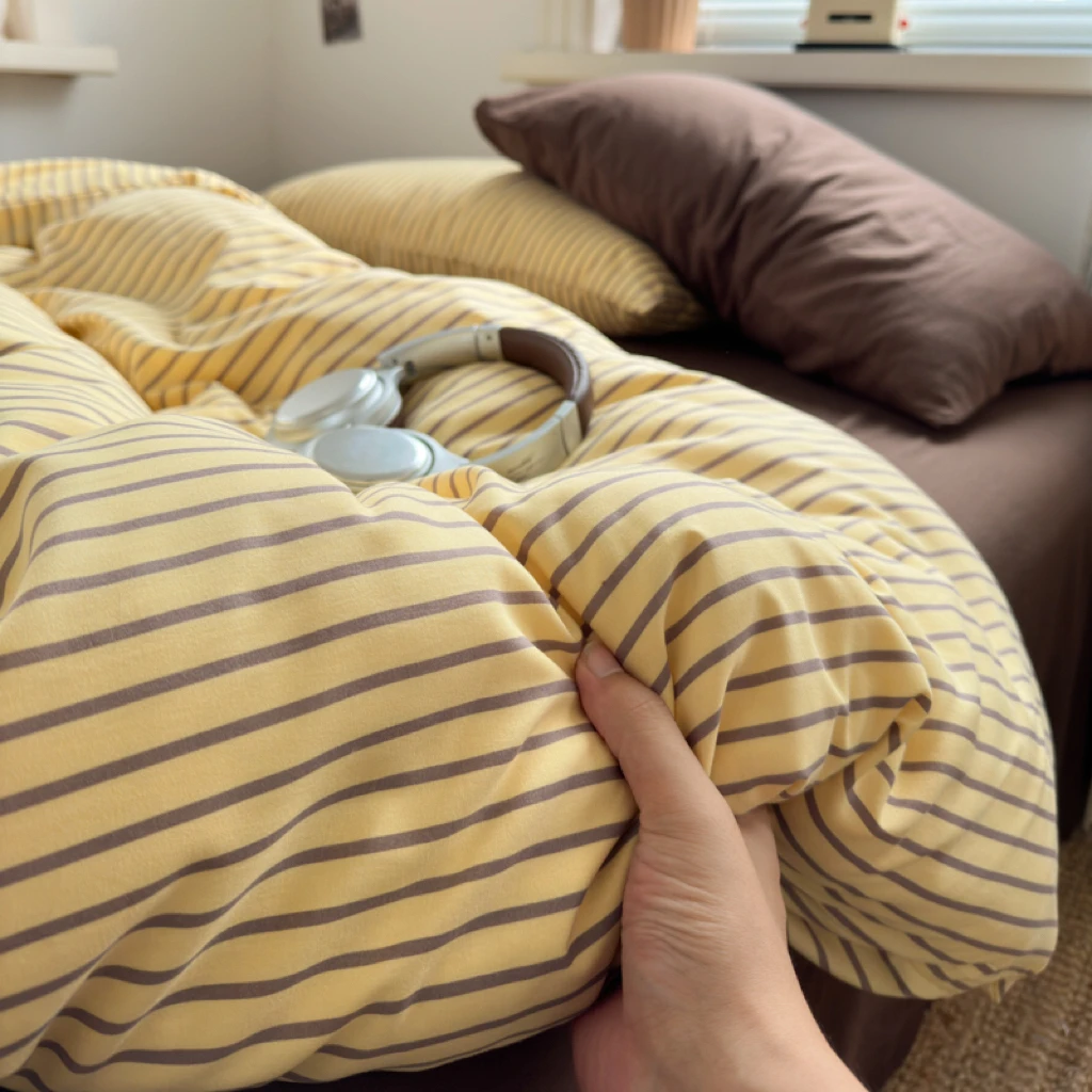 

Мягкий хлопковый комплект постельного белья из четырех предметов с полосатым узором, комфортный, приятный для кожи, всесезонный, легкий, в стиле блогеров