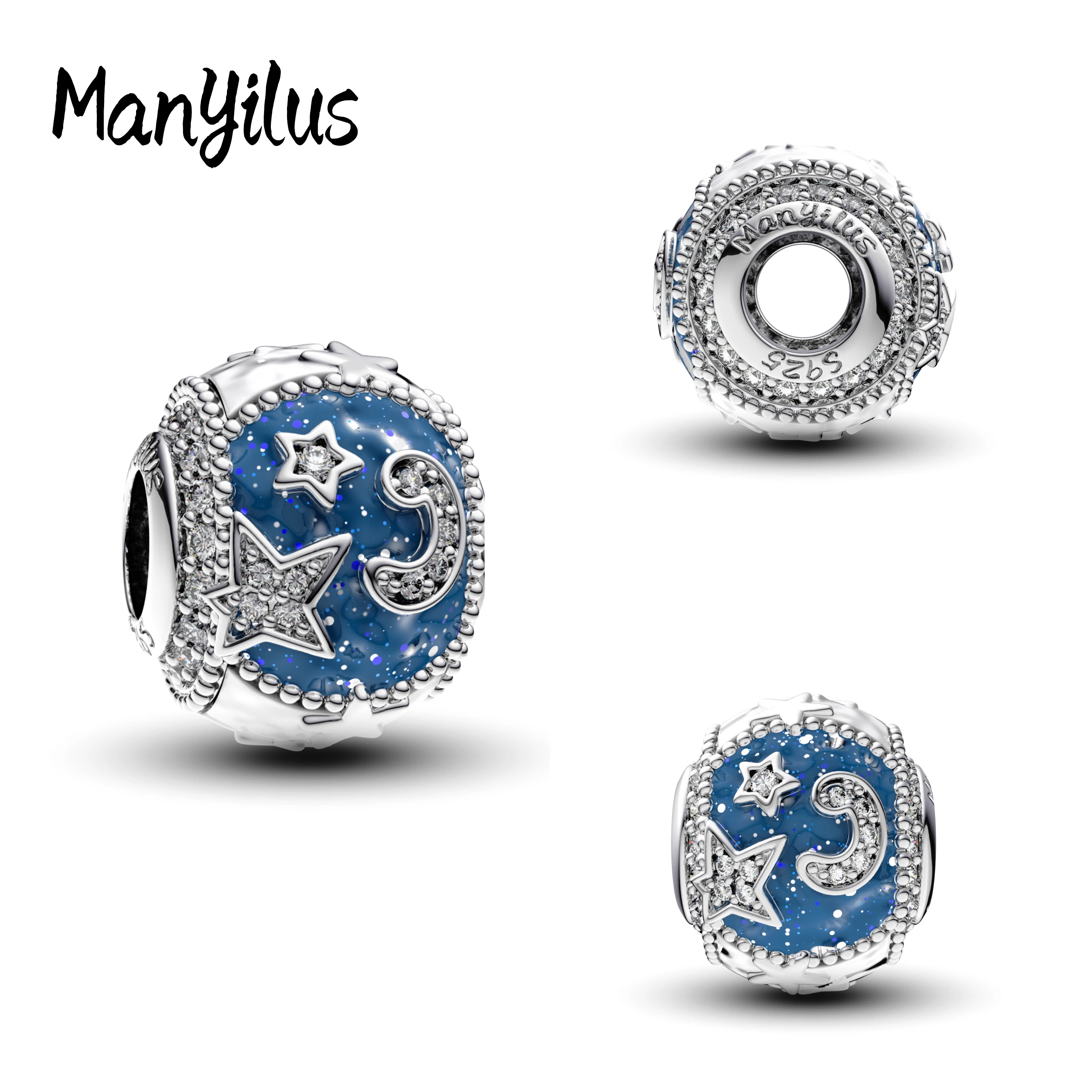 Manyilus S925 Silver Moon Blue Glitter Charm for Original Bracelet, Sparkling Galaxy Jewelry Pendant DIY Mystical Night Sky Gift
