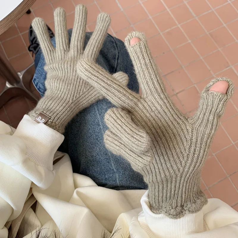 Einfarbige Wollstrickhandschuhe für Damen Herbst und Winter SüdkoreainsSplit-Finger winddichte Wollmischung Studenten Warm-Ke