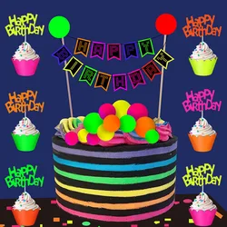 Glow Neon Party Cake Decors Happy Birthday Banner Cake Topper Glow In the UV Black Light Reactive Party Supplies Neon Birthday