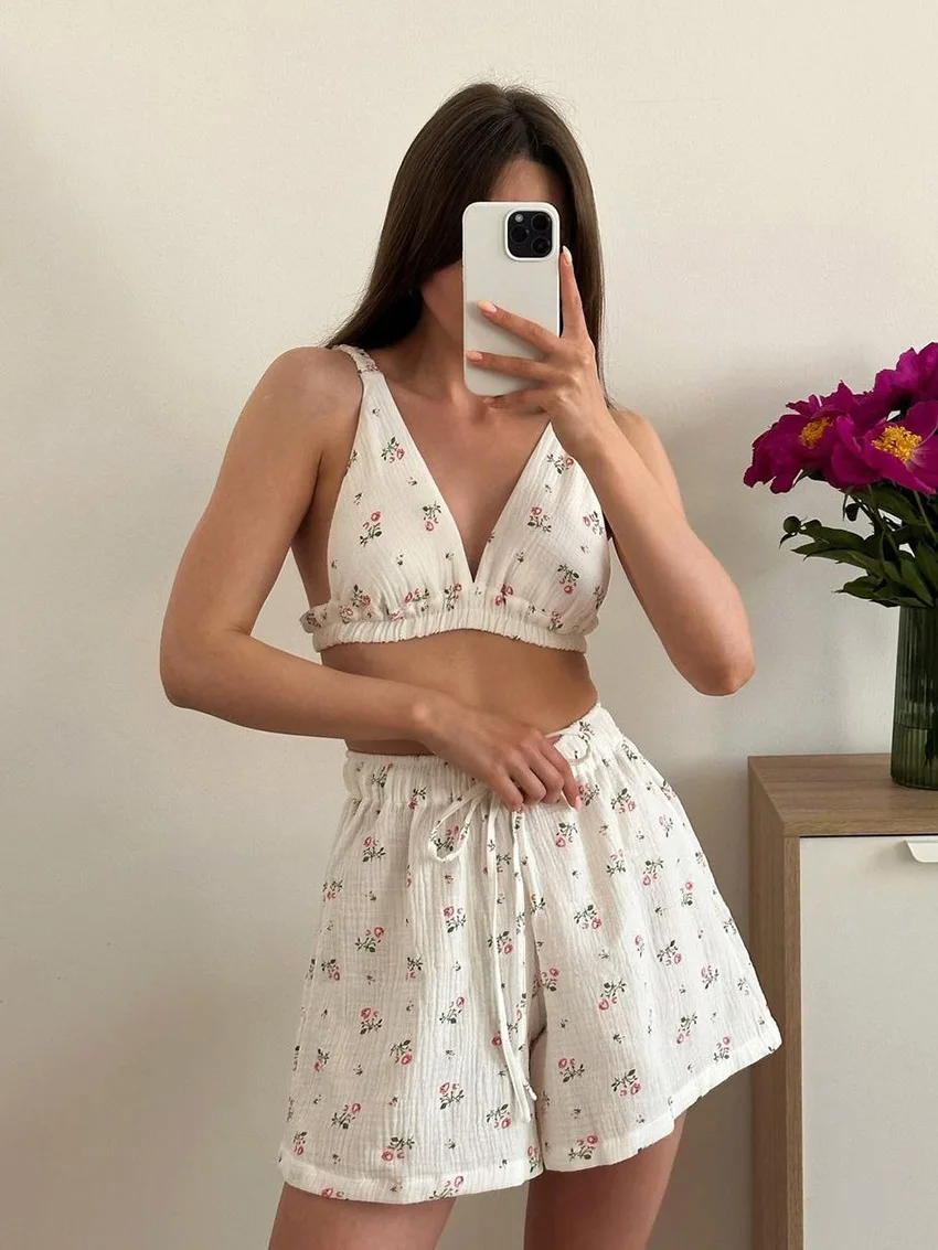 Marthaqiqi Cotton Female Nightgowns Set V-Neck Pajamas Backless Nightie Crop Top Nightwear Shorts Women Sleepwear Suits Printing